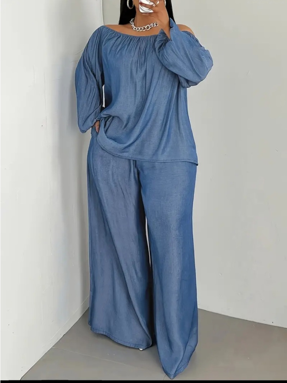Relaxed Off-Shoulder Wide-Leg pantsuit- Blue